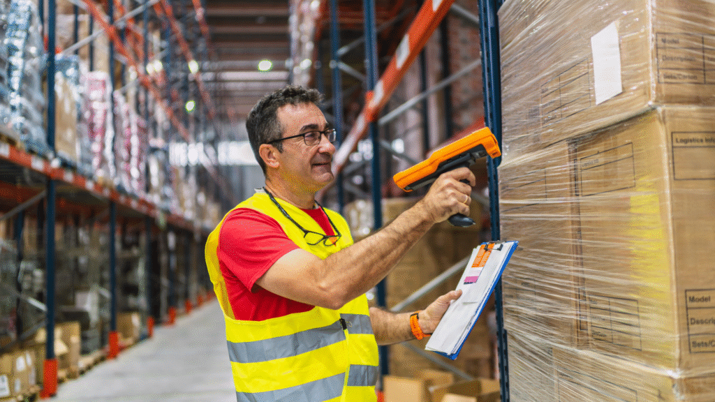 Warehouse operative in hi-vis scanning boxes in a UK warehouse