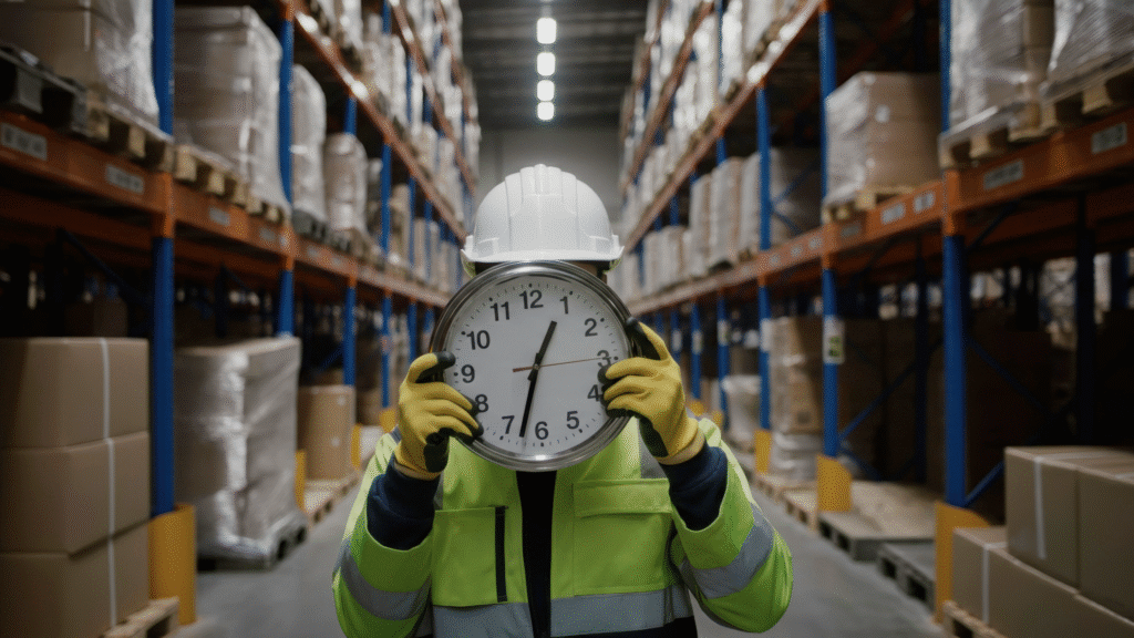 Warehouse worker holding a clock in front of his face